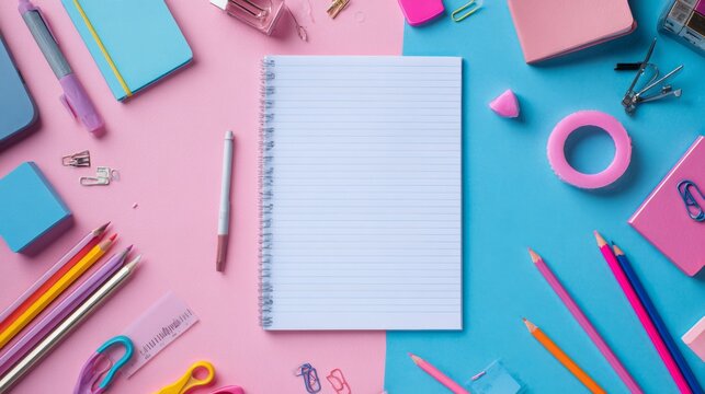 Creative student desk with blank white notebook paper and colorful school supplies, top view flat lay with copy space, back to school education concept on blue and pink background, studying, learning,
