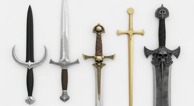Collection of Five Fantasy Swords and Daggers with Ornate Designs and Skull Motifs Isolated on White Background