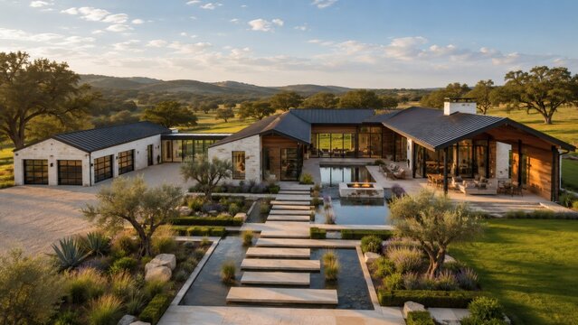 Modern Ranch House Estate: A luxurious modern ranch house estate with a swimming pool and beautifully landscaped garden is set in a serene countryside landscape under a clear sky.