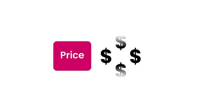 User interface element showing a bold pink price tag label alongside multiple dollar signs representing overall product cost and value shown here now