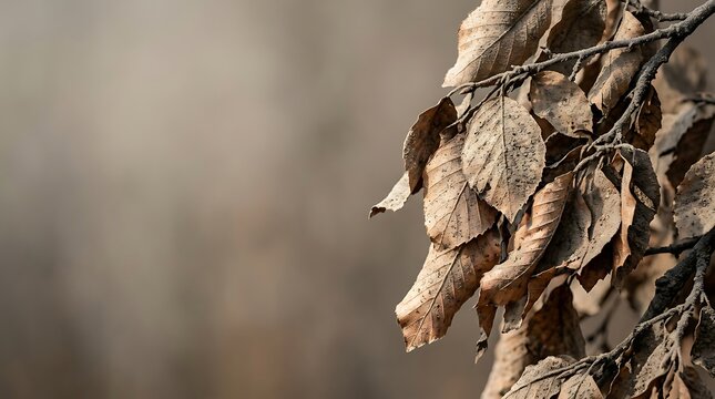 Close up of dry brown withered leaves on a branch