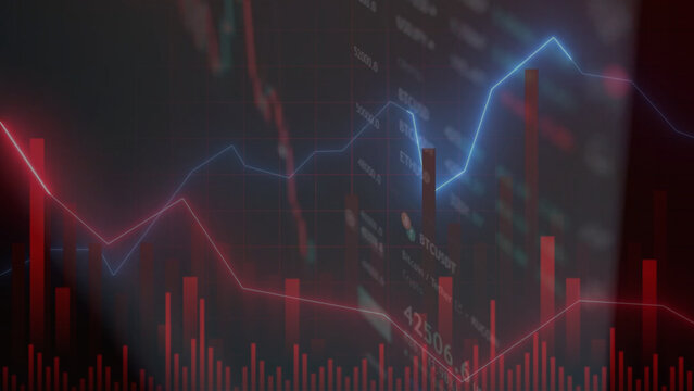 A cryptocurrency trading screen with a bearish trend overlay, red volume bar graphs, and fluctuating analytical line charts illustrates digital currency market declines, financial risk analysis