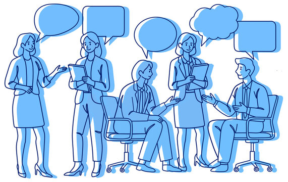 Business professionals engaging in team discussions, interviews, and communication meetings, complete with speech bubbles. A sketched line illustration with blue silhouettes