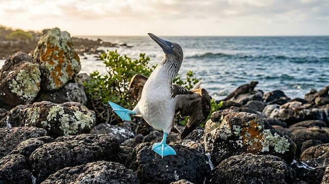 Blue-footed Booby Dancing on One Leg, Iconic Galapagos Wildlife Bird Display on Rocky Coast