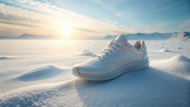 White Minimalist Athletic Shoe on Snowy Landscape at Sunrise
