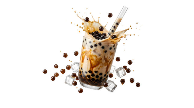 Bubble tea drink splashing with tapioca pearls and ice cubes on transparent background.