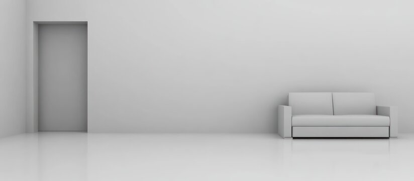 Minimalist room sofa, door, white walls, design