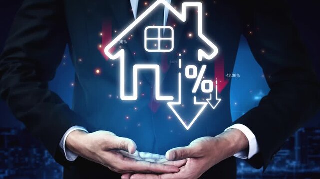 Businessman Holding House Icon with Percentage Sign Indicating Decrease in Values, Financial Growth and Real Estate Decline Concept Sigmoid