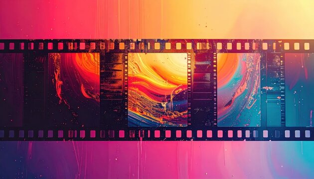Cinematic film strip with colorful abstract fluid art.