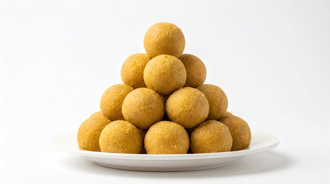 A pyramid stack of delicious indian besan laddu sweets served on a plate for the diwoli festival celebration