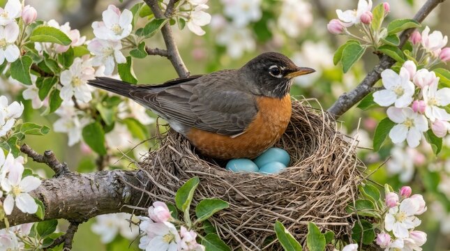 American Robin Incubating Eggs in Blossom Covered Tree Nest