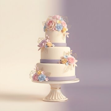 Elegant three tier wedding cake decorated with pastel flowers on a stand.