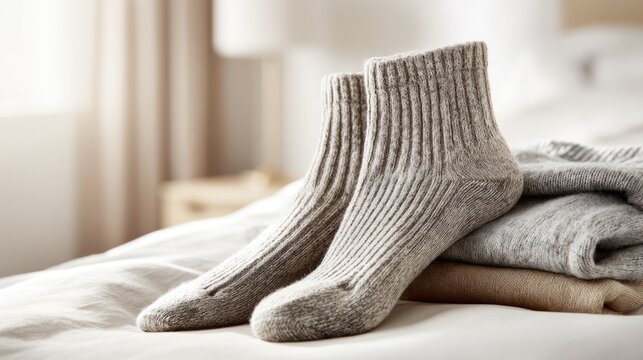 Close-up of pair of gray knit socks neatly arranged on a bed with blurred background