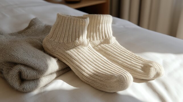 Close-up of beige ribbed socks, one pair displayed and another folded, on a white bed
