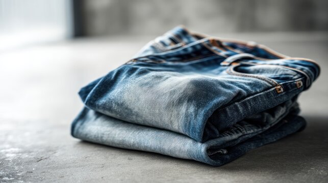 Close-up of folded casual blue denim clothing items arranged on a concrete surface
