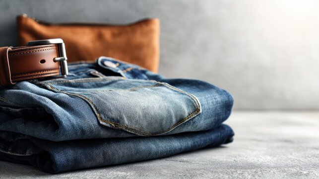 Stack of denim jeans with a brown leather belt, and a pouch against a grey textured background