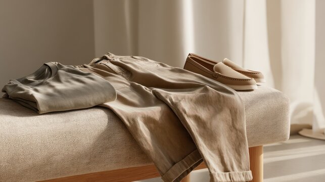 Laid-out neutral-toned clothing ensemble with shoes on a light-colored bench, soft lighting
