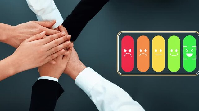 Hands coming together over a success gauge with various emotion indicators symbolizing teamwork, collaboration, and feedback in a corporate environment Gluon.