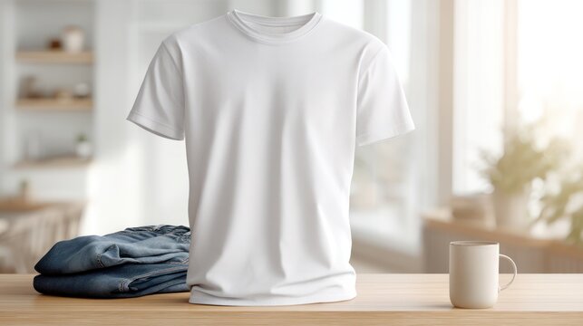 White t-shirt mockup, folded jeans, and a mug on a wooden table, with sunlight