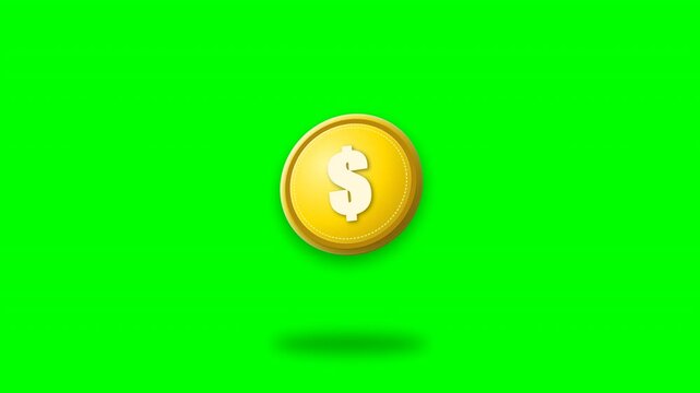 Gold dollar coin bobbing vertically on chroma key green screen for financial advertising