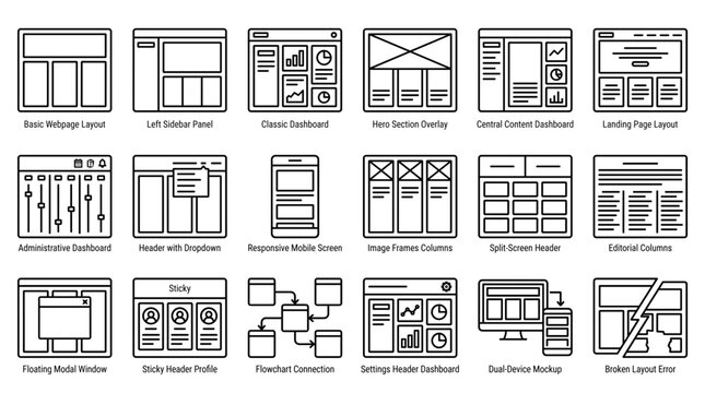 Website Wireframe and UI UX Blueprint Line Icon Set, Responsive Landing Page Layout and Dashboard Architecture Vector Elements
