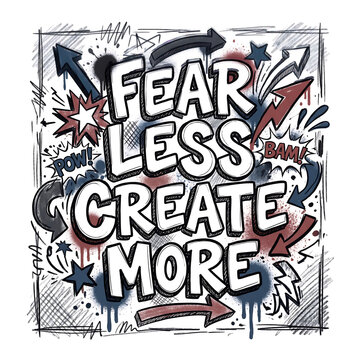 Graffiti-style illustration with 'FEAR LESS CREATE MORE' text, surrounded by comic book elements like arrows, stars, and speech bubbles in red, blue, and black.
