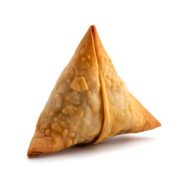 Single crispy fried samosa pastry snack isolated on white background for culinary menu and food photography projects