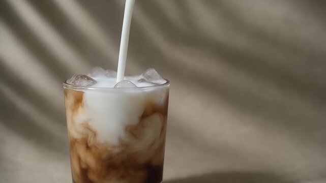 Coconut milk poured into iced cold brew coffee billowing in slow motion with leaf shadows