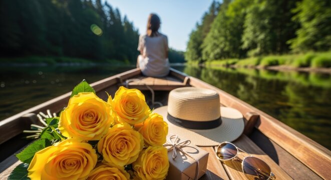 woman on romantic boat ride with yellow roses and gift
