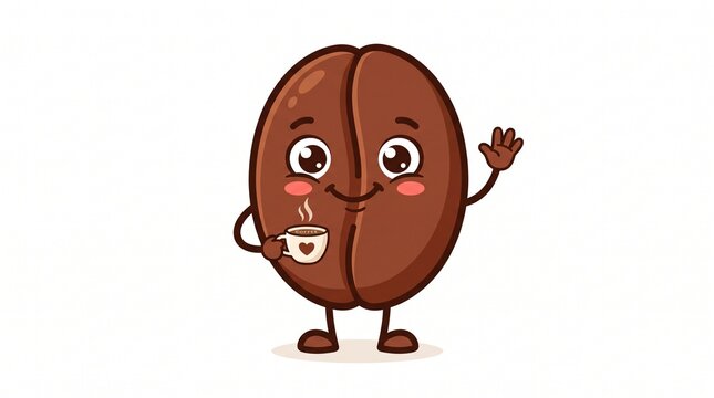 Cute cartoon coffee bean mascot holding a tiny cup of espresso and waving happily