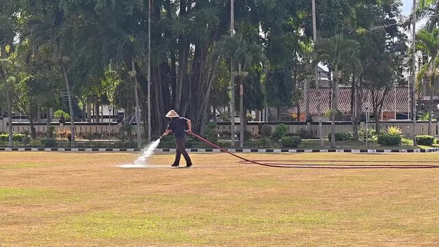 Person walking through green park grounds with lush lawn and trees in tropical urban setting