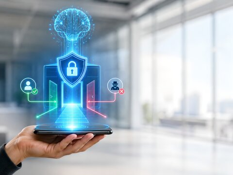 AI Cybersecurity Agent Zero Trust Access Control Hologram Above Smartphone