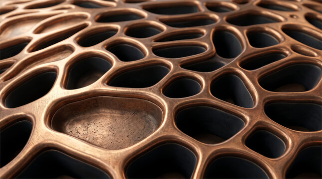 Copper voronoi cell pattern in angled perspective with patina spot