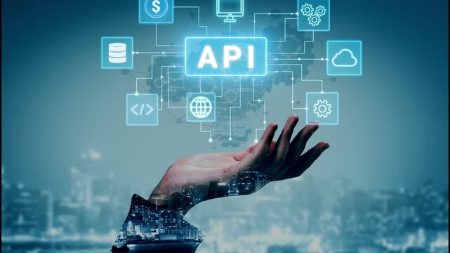 Hand Reaching Out Toward Virtual Elements Representing API Integration and Digital Technology Over Cityscape Background. Entropy.
