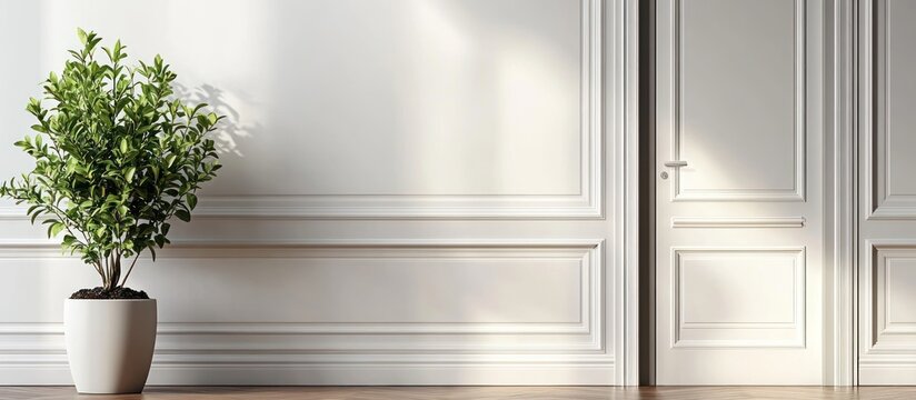 Sunlight streams on plant in white room, doors ajar