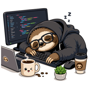 Funny Sloth Coder Working Late Night Vector Art