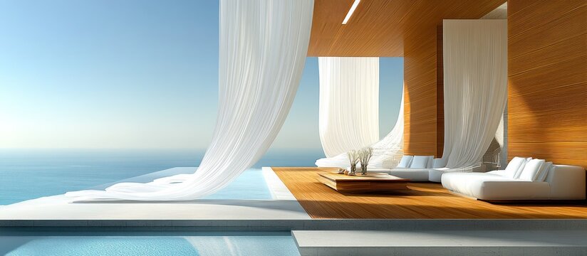 Oceanfront patio, infinity pool, white drapes, wood deck, luxury relaxation