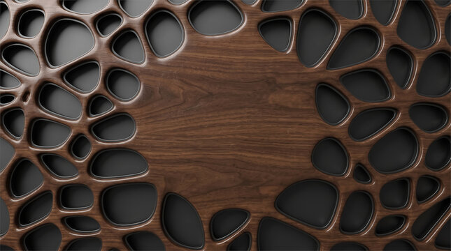 Walnut wood panel with organic voronoi cutout border pattern