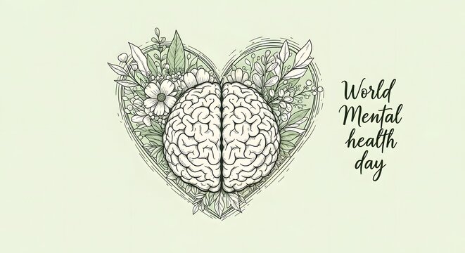 Hand drawn doodle heart with human brain illustration for world mental health day awareness campaign concept