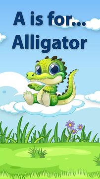 Animated Alphabet Learning Video with Cartoon Alligator on Floating Cloud