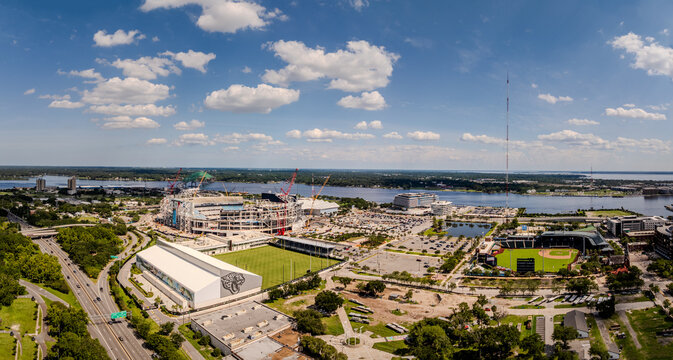 Aerial View of EverBank Stadium and Downtown Jacksonville Florida Skyline with Baseball Field and St. Johns River