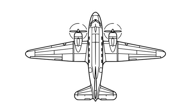 Minimal Top View Propeller Airplane Line Art Vector Illustration Isolated on White Background for Aviation Icons