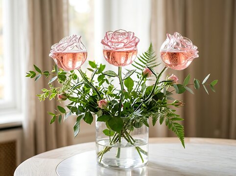 Three roseshaped champagne glasses filled with sparkling ros wine arranged in a clear glass vase with fresh greenery on a marble table