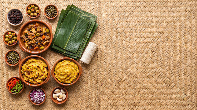 Top down view of Venezuelan Hallaca tamale ingredients on woven palm leaf