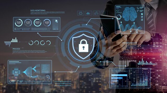 Modern Businessman Analyzing Data and Monitoring Security with Digital Technology in Urban Landscape at Night with Futuristic Graphics. Entropy.