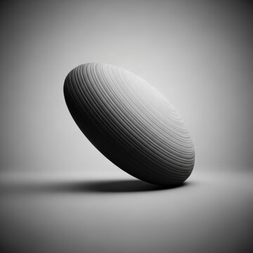 Abstract 3D render of a ribbed ellipsoidal shape with concentric circular grooves on a grey gradient background, featuring realistic studio lighting and soft drop shadow.