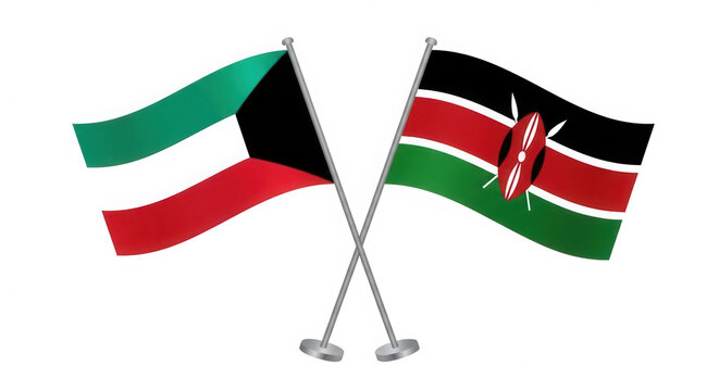 Crossed national flags of kuwait and kenya waving together isolated on transparent background