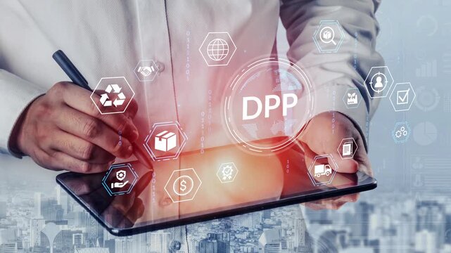 Professional person using digital tablet for data analysis with technology icons in background, focusing on modern solutions and innovative concepts in business. Entropy.