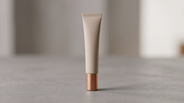 A beige cosmetic tube with a metallic copper cap standing vertically on a grey surface