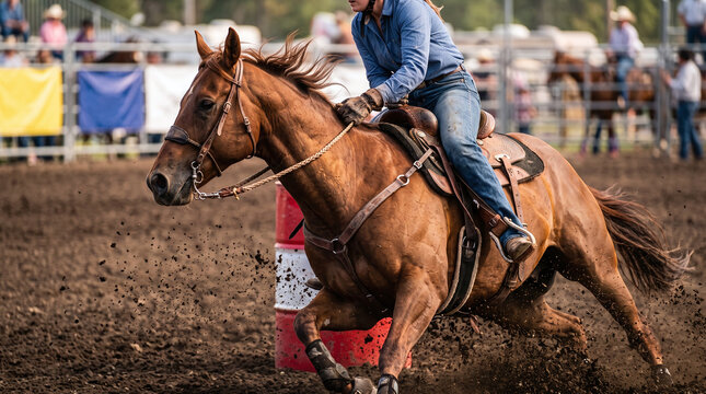 Dynamic barrel racer turning sharply around a red barrel at a rodeo arena